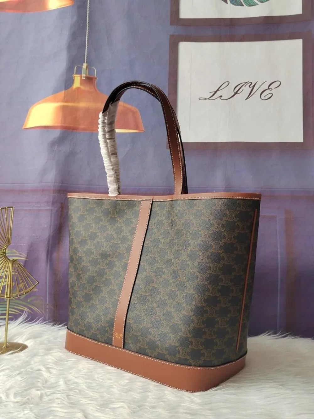 Triomphe Horizontal Tote Bag Brown Triomphe Canvas Calf Leather Trim Large